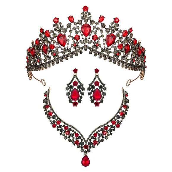 NEW Sparkling Bling Crystal Rhinestone Tiara Necklace Set: Ruby Red + FR… - Picture 3 of 16